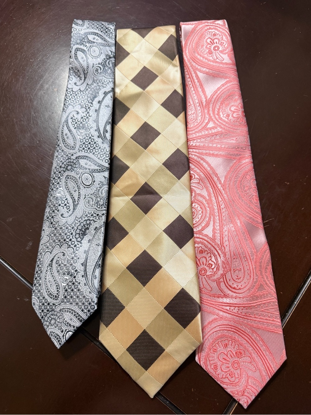 Three-Piece Men's Tie Set - Gray, Gold, Coral Pink